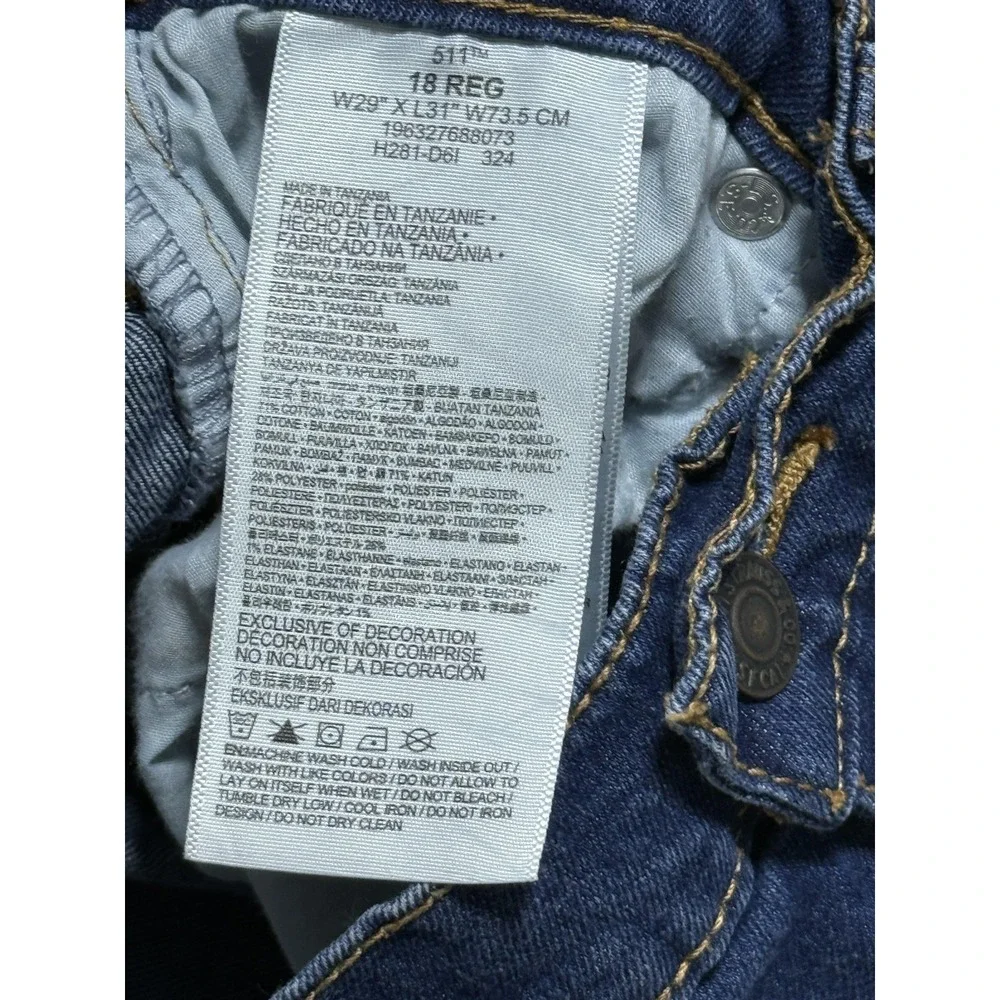 Levis 511 Jeans Boys 18 Regular 29x31 Blue Slim Fit Performance‎ Stretch Denim